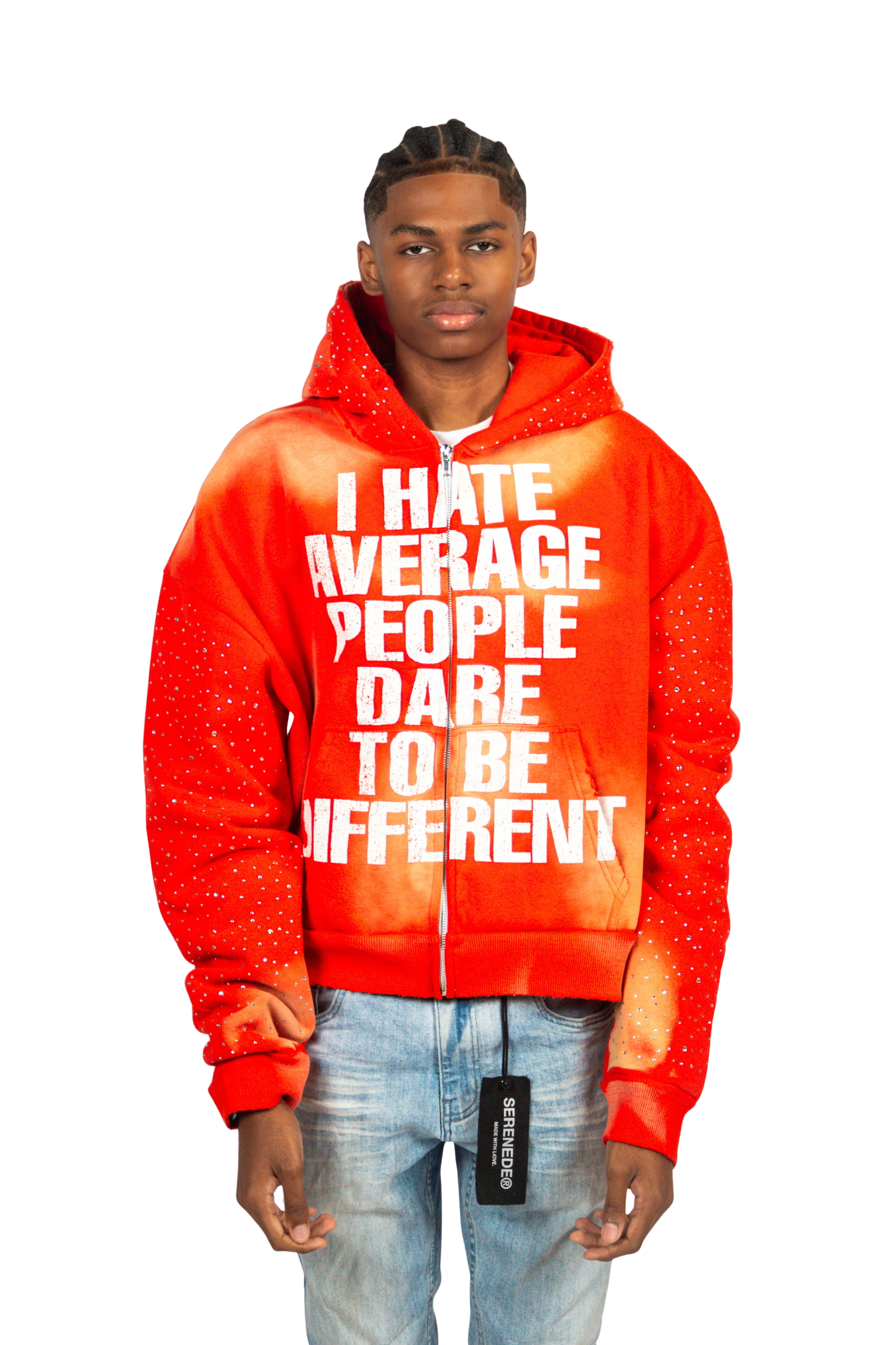 Person wearing a red hoodie with text, standing against a white background